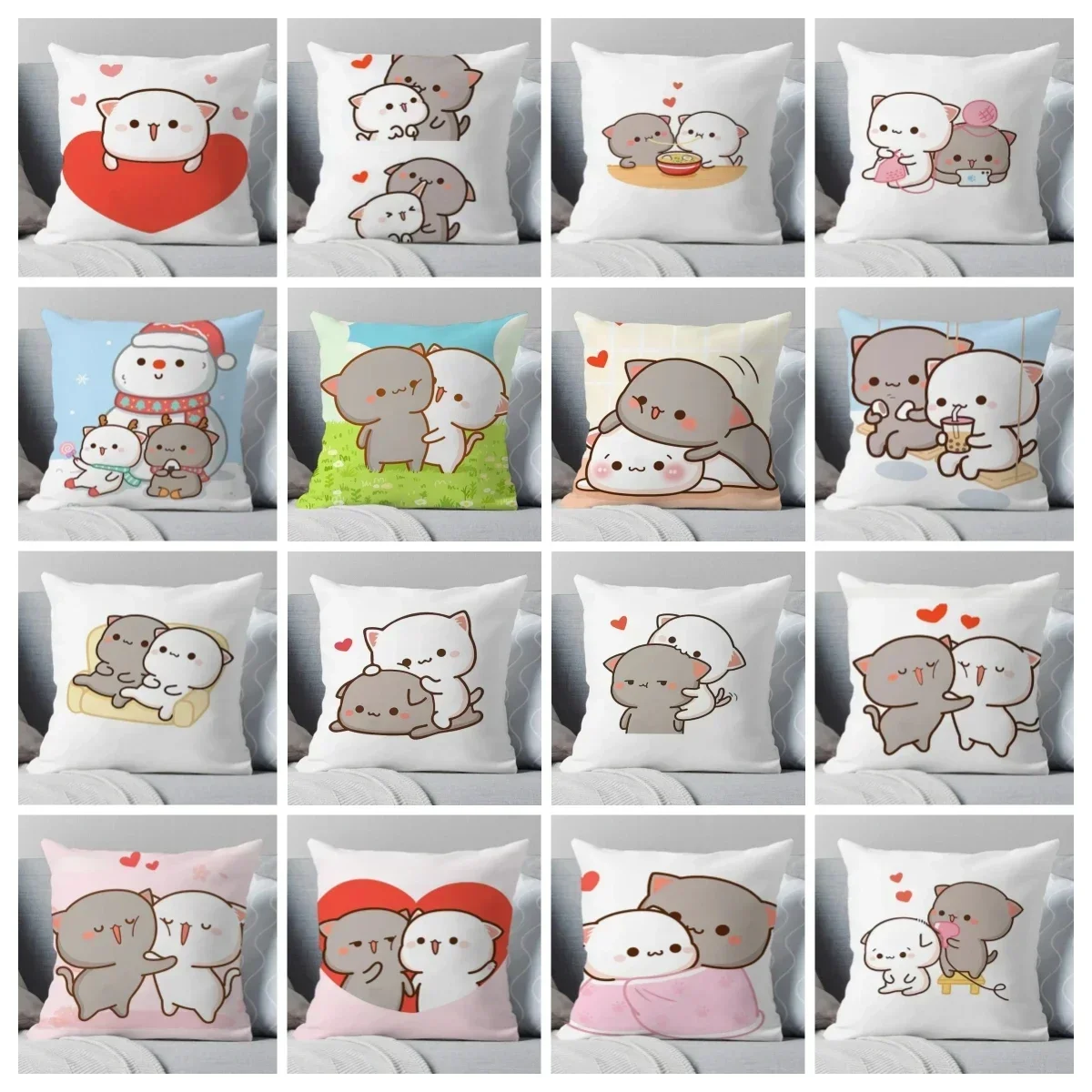 45*45CM Kawaii Mocha Mochi Peach Cat Pillowcases Cute Peach and Goma Throw Pillow Case Home Decor Sofa Car Waist Cushion Cover