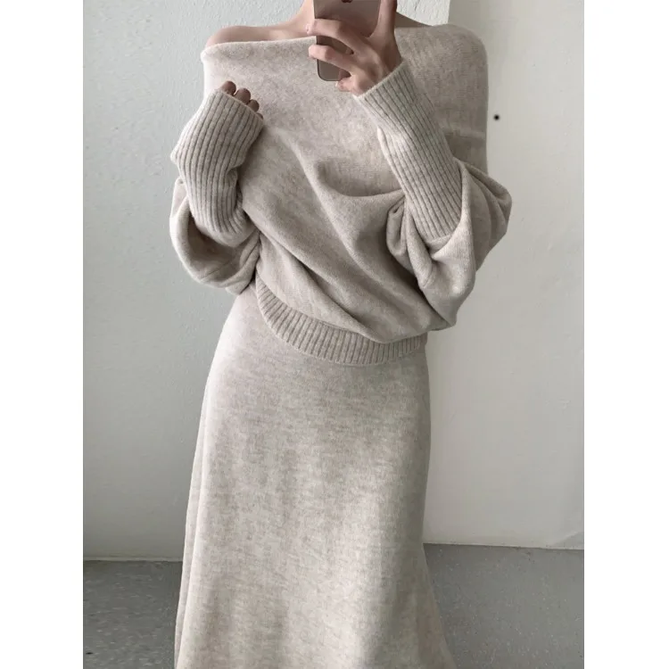 

Модный корейский вязаный комплект, женский костюм-двойка средней длины с колючками Pure Desire на весну, осень-зиму