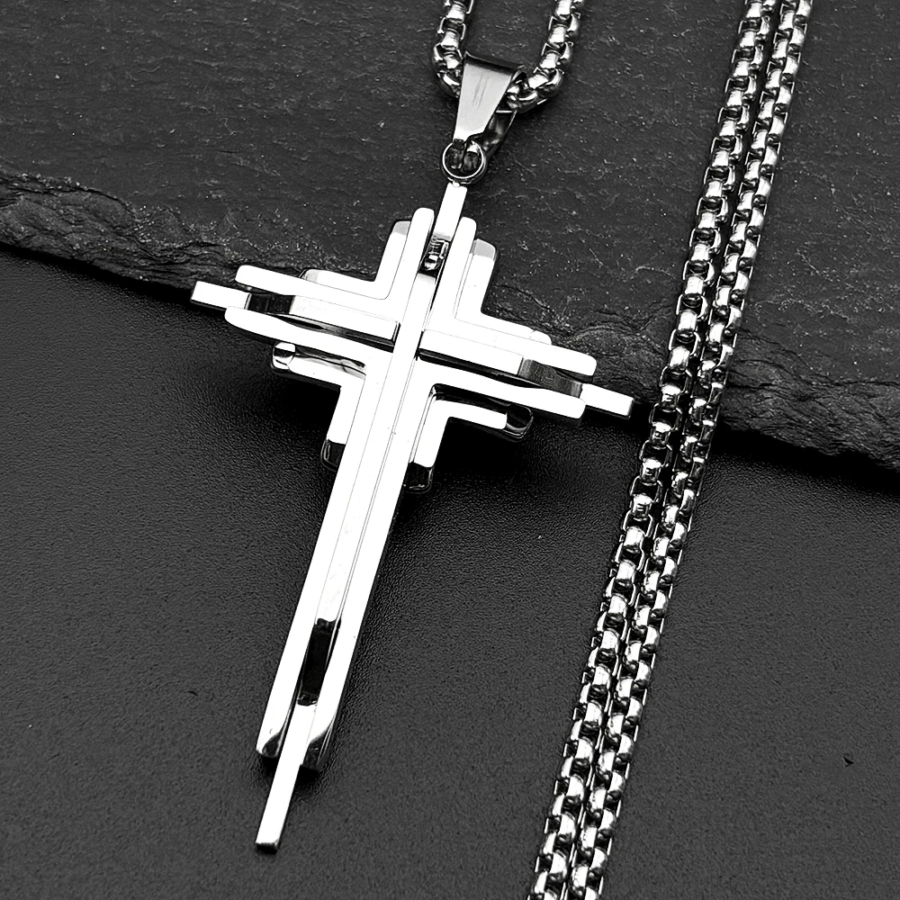 Stainless Steel Multi-layer Jesus Cross Pendant Necklaces for Men Women Gold Silver Color Hip Hop Crucifix Chain Amulet Jewelry