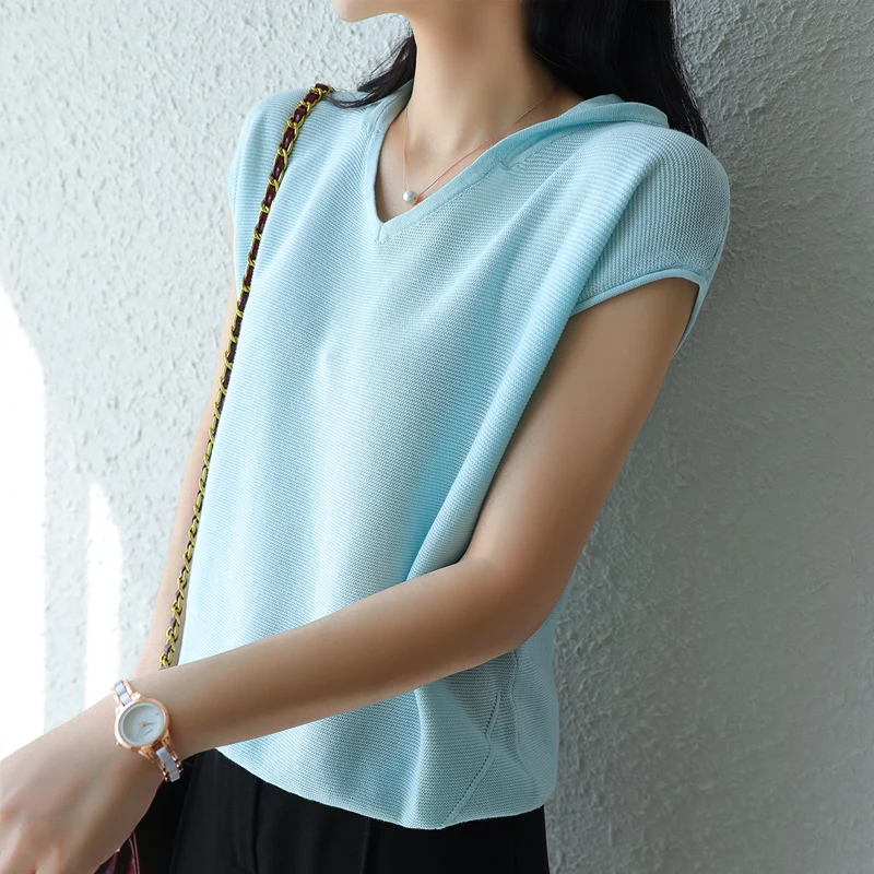 Women's T-shirt Summer New 100% Cotton Knitted Short Sleeve Casual Solid Tees Loose Hooded Collar Tops Ladies Blouse