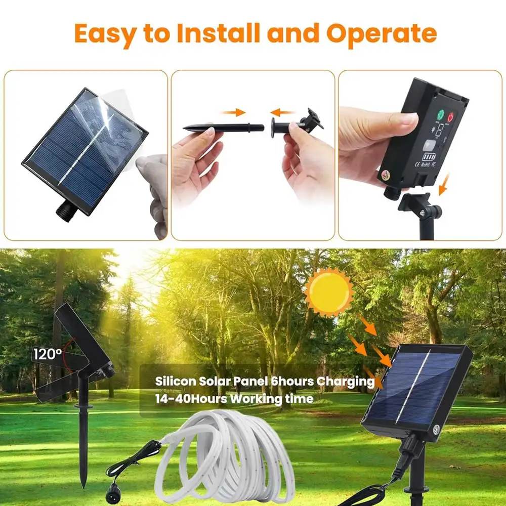 24V COB Solar Neon Light Strip LED Diode Rope Elastyczne światła Taśma samoprzylepna IP67 Ściemnialne podświetlenie Zimny Naturalny Ciepły Biały