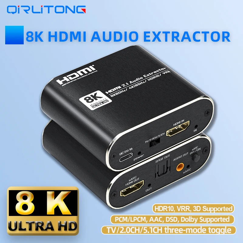 8K 4K 1080P 720P HDMI 2.1 Audio Extractor PCM LPCM AAC DSD Dolby Audio Supoort HDR10 VRR 3D Video Support for PC TV PS4/PS5