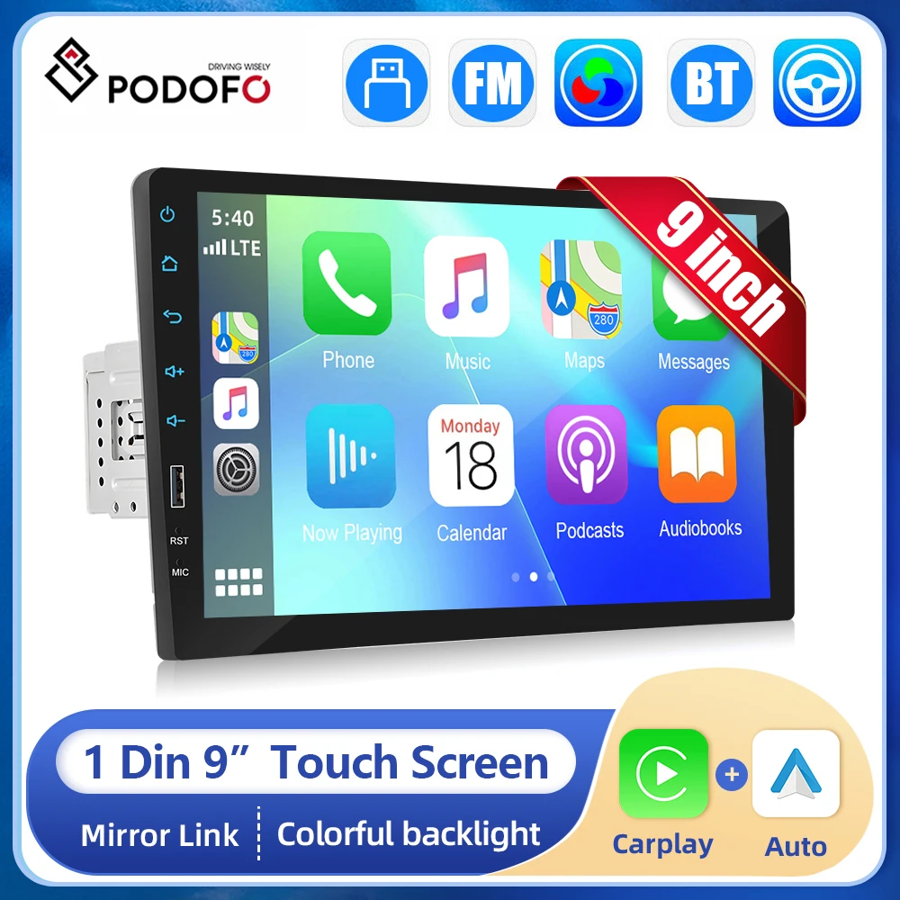 

Podofo 1DIN 9” Car MP5 Stereo Radio Touch Screen For Universal Car Multimedia Player Wireless Carplay autoradio Bluetooth FM EQ