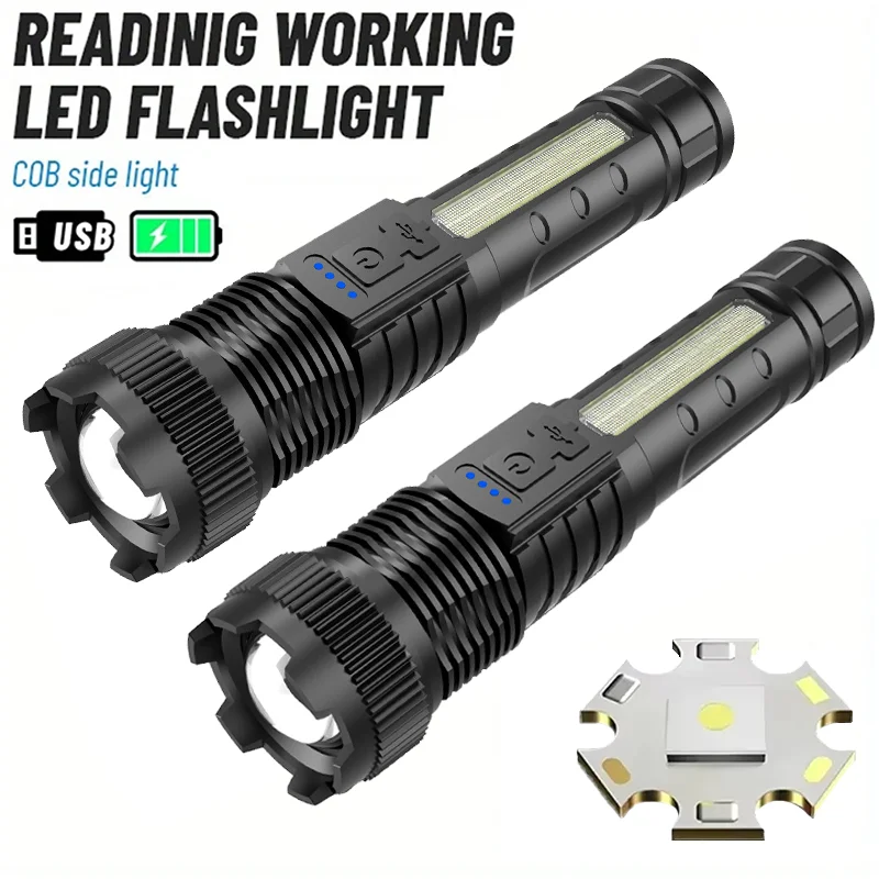 Powerful LED Flashlight USB Rechargeable Torch with 6 Lighting Modes Outdoor Waterproof Zoomable Light for Fishing Emergency