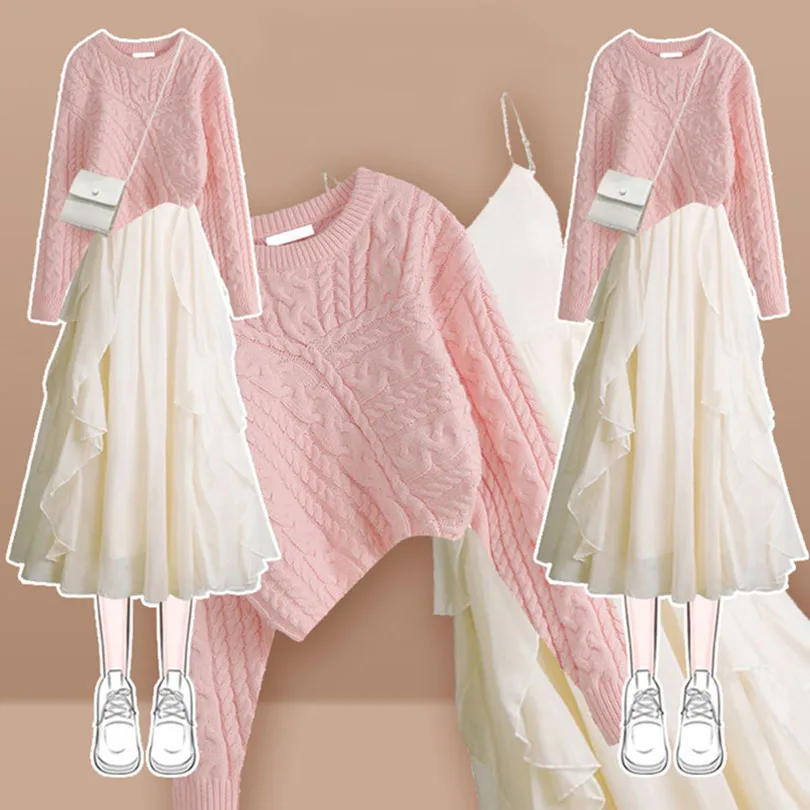 Oversized Women's Autumn Set 2023 Korean Version New Slouchy Loose Knitted Sweater Hanger Dress Two Piece Set