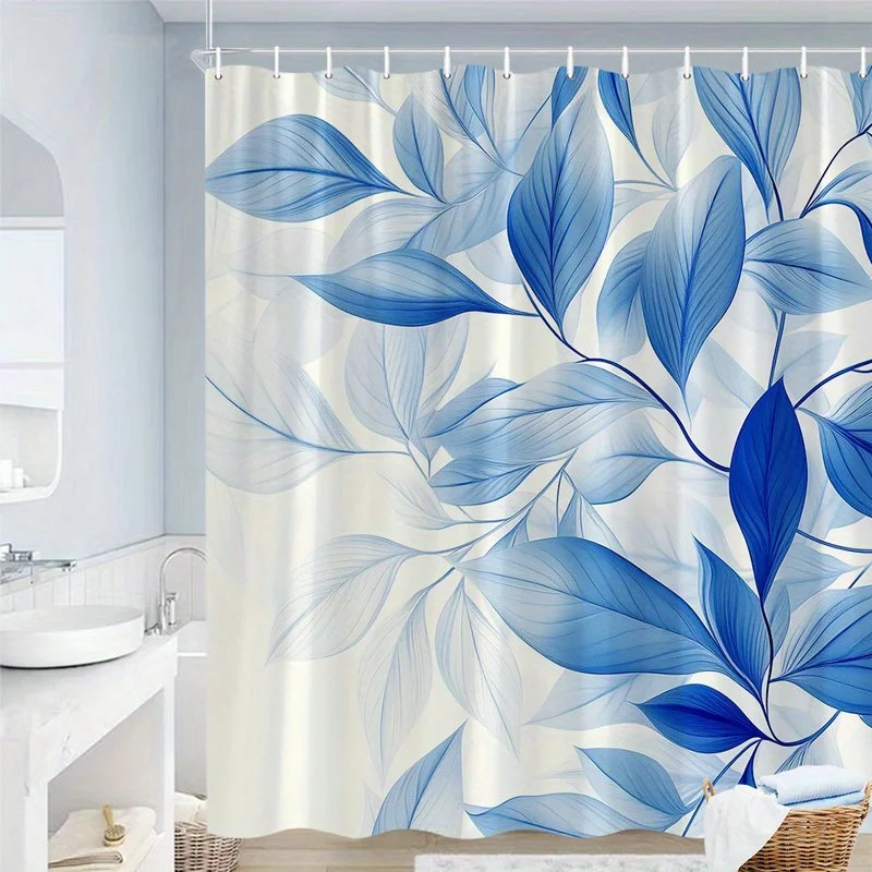 

Waterproof Blue Tropical Leaves Botanical Pattern Shower Curtain Polyester Fabric for Modern Bathroom Decor Supplies
