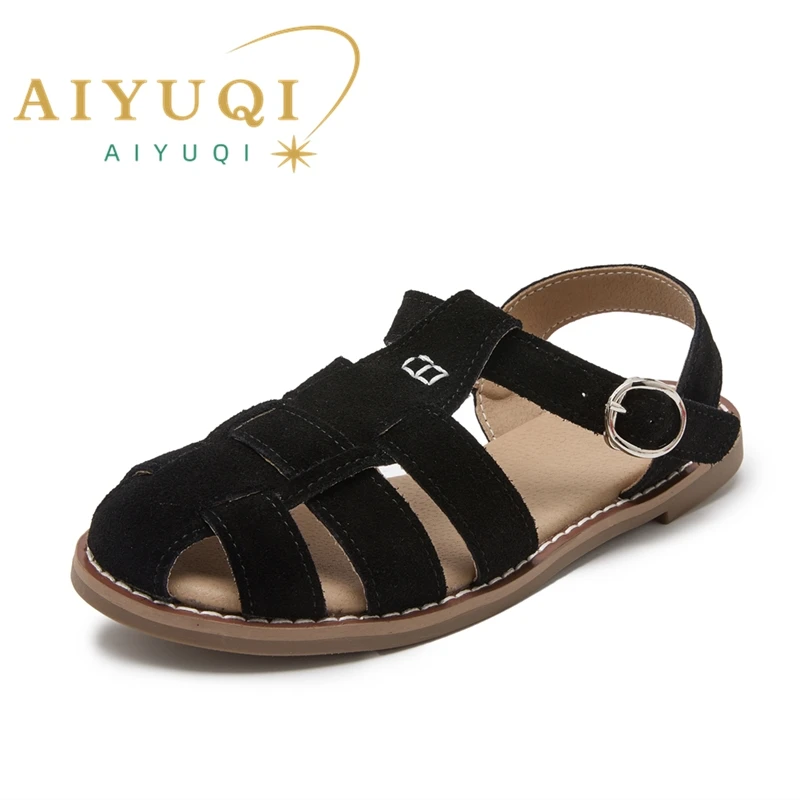 AIYUQI Flat-soled Retro Genuine Leather Hollow Baotou Sandals Women\'s 2024 New Hollow Pig Cage Women\'s Sandals