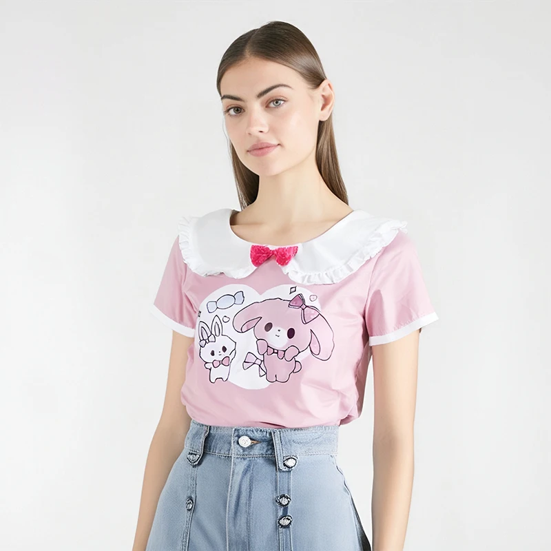 Japanese Sweet Summer 2024 T Shirt Women Cute Bow Casual Cartoon Print Tees Pink Fashion Y2k Girls Kawaii Rabbit Ear Lace Tops