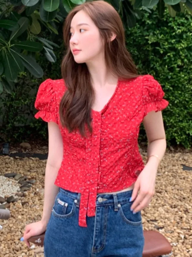 Blus Sifon Wanita V-Ne Bubble Sve Ort Irt Retro Chic Atasan Musim Panas Bersabuk Slim Fit Fre Sle Bubble Sve Irt