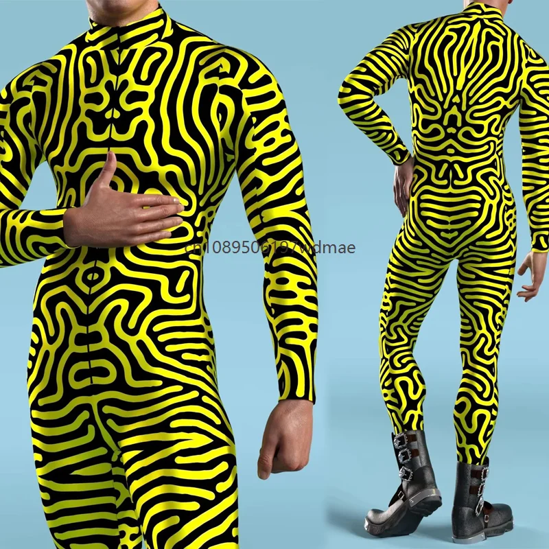 

Men's Art Irregular Lines Zebra Print ​​Bodysuit Punk Festival Jumpsuit Halloween Party Cosplay Costume Stage Performance Outfit