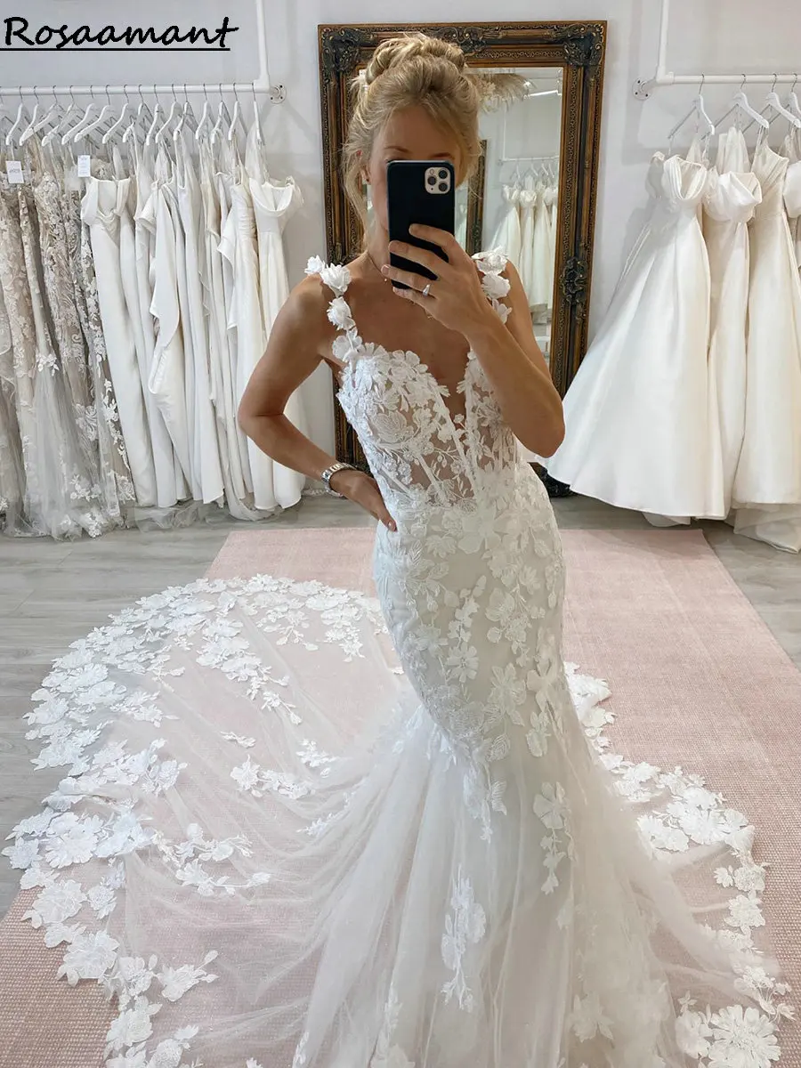 Vestidos de novia de sirena de encaje con apliques de ilusión, hombros descubiertos, Boho Country, recién llegado