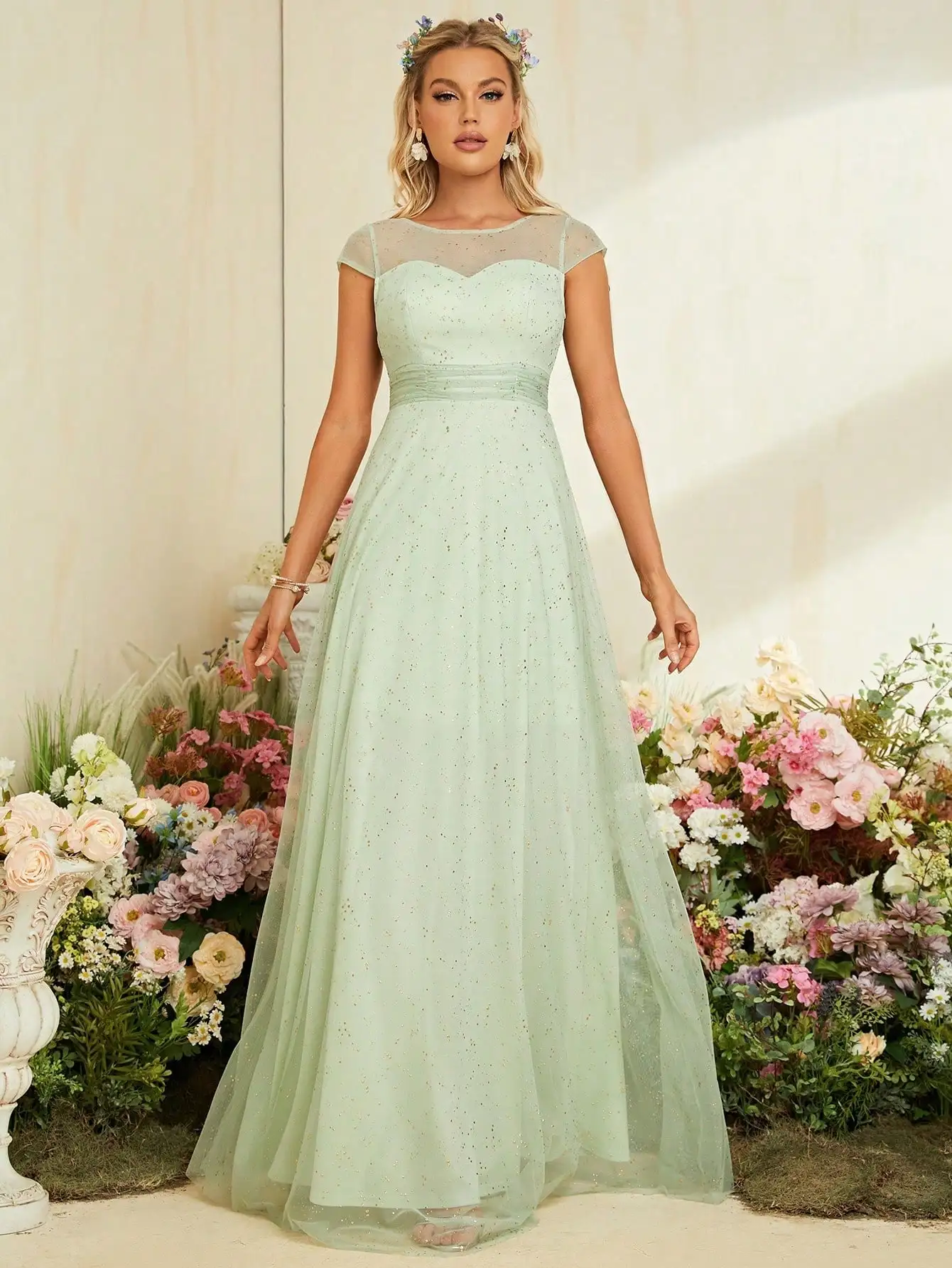 Mgiacy round neck short sleeve gold mesh full skirt Evening gown Ball dress Party dress