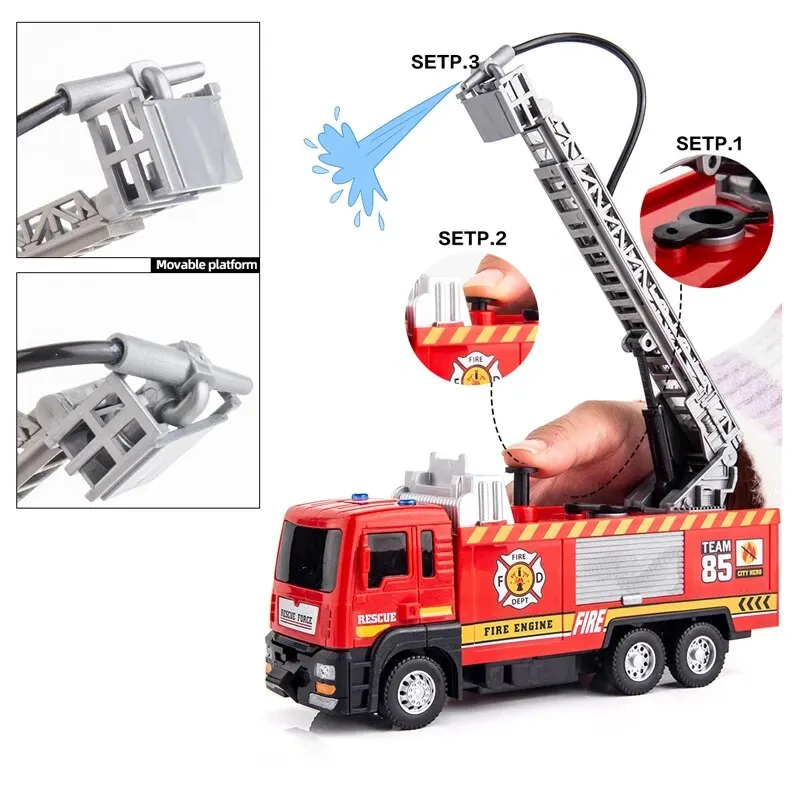 Brinquedo caminhão de bombeiros para menino, modelo de caminhão Metal DieCast Fire, brinquedo pulverizador de água, som e luz simulado, retrátil