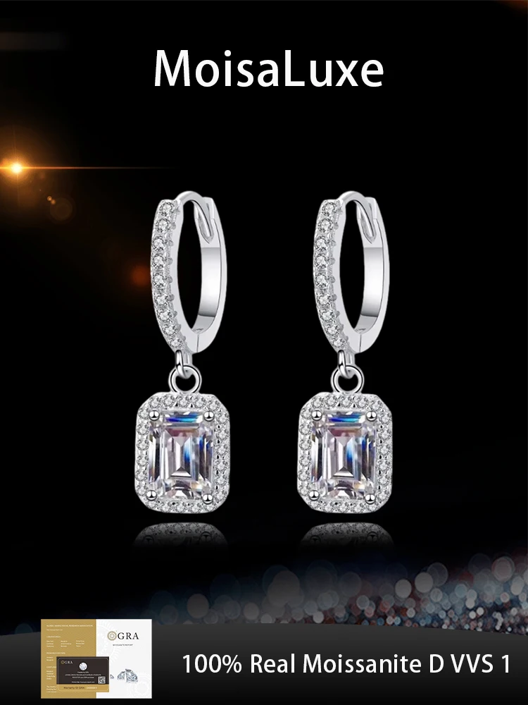 

MoisaLuxe Official Store GRA Moissanite Plata Emerald-cut Moissanite 925 Silver Ear Ring Fashion Jewelry for Women To Wear