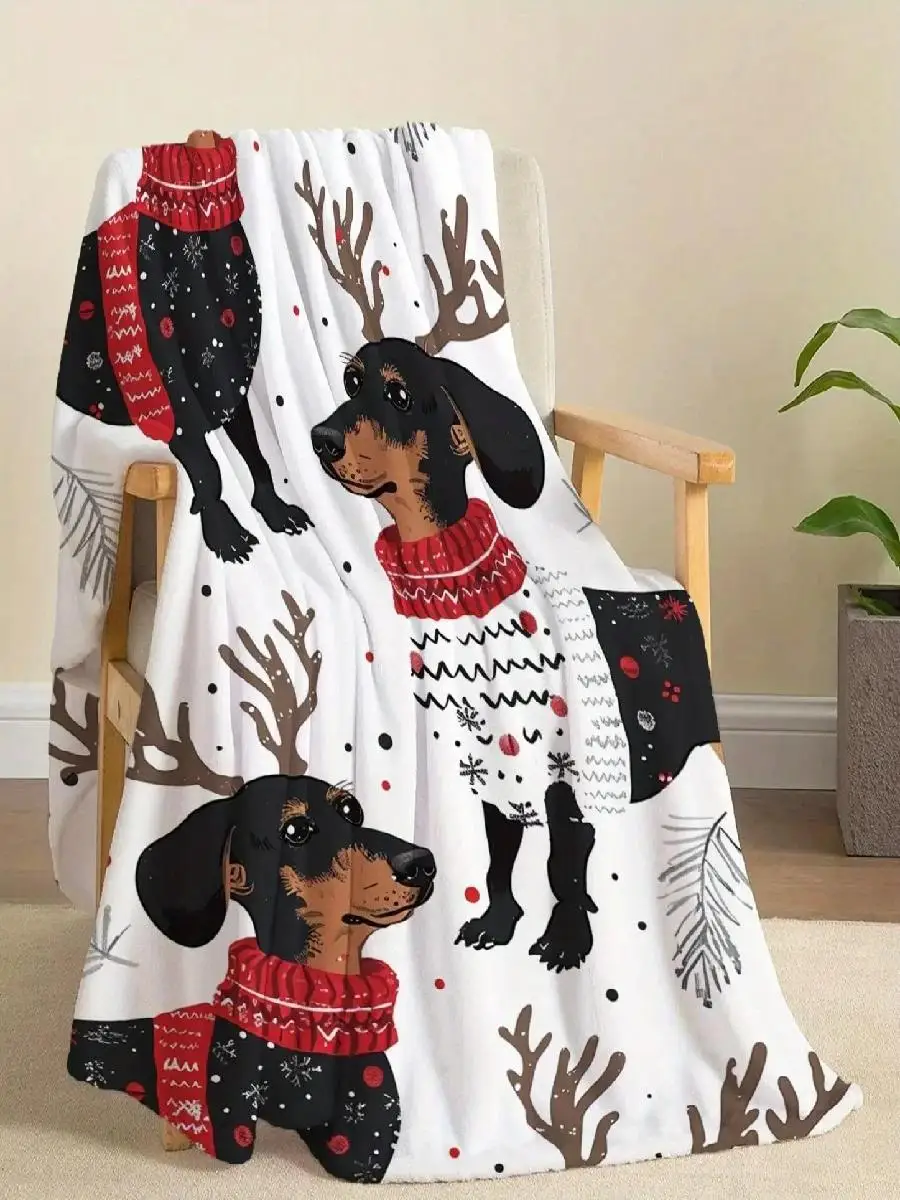 Dachshund Christmas Flannel Blanket  Sausage Dog Snow  Tree Design D Print Soft for Bed Sofa Camping Cozy Gift MultiSize