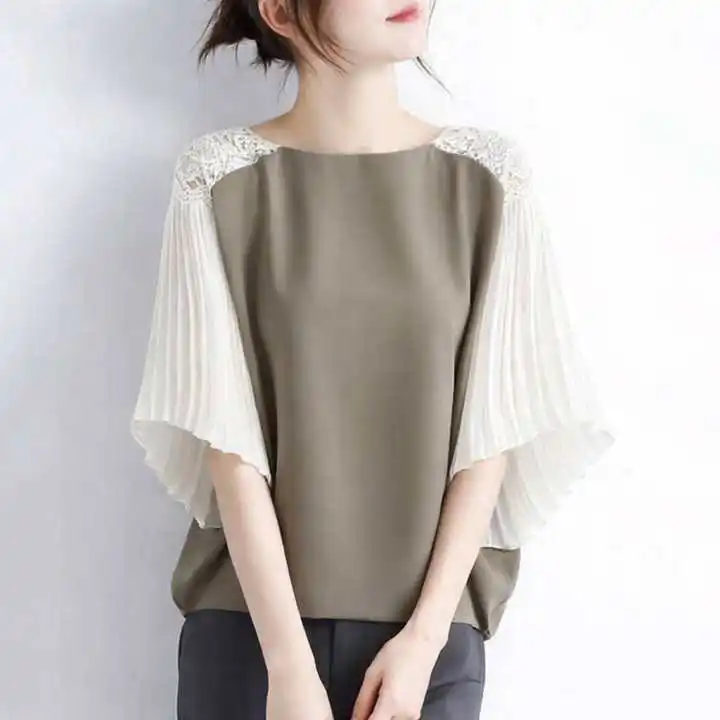 

Slimming Batwing Sleeve T-Shirt Short Sleeve Loose Fit Chiffon Top Versatile Elegant Five Sleeve Summer Casual Style Women's Tee