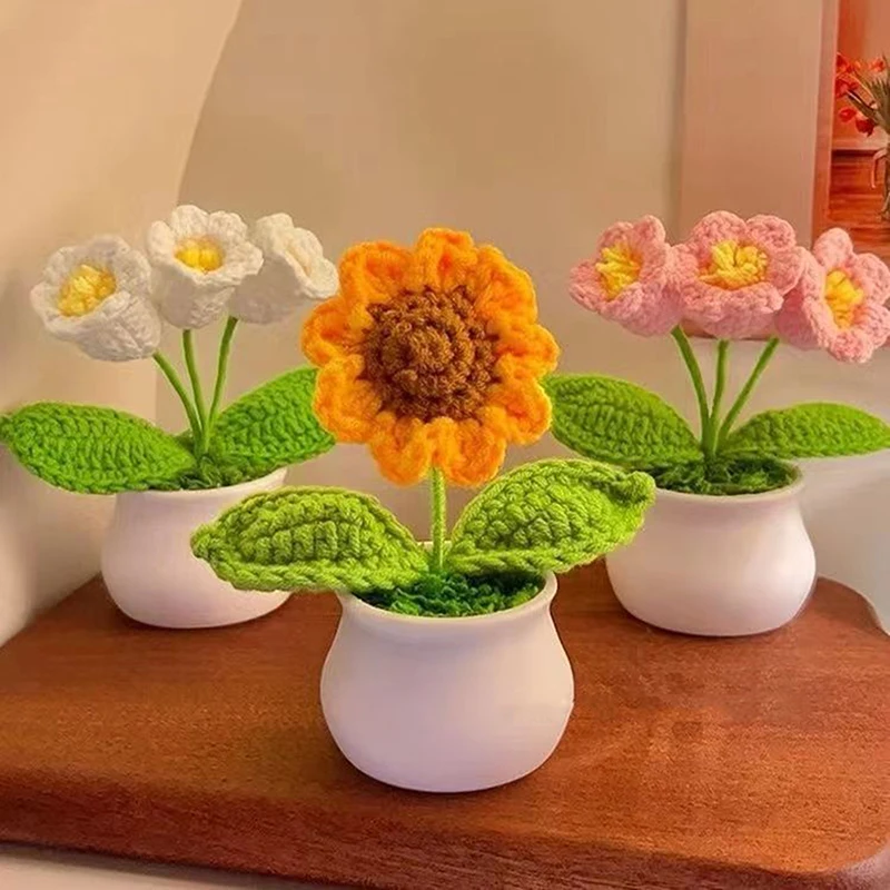 Crochet Flowers Artificial Sunflowers Potted Hand Woven Plant Wedding Gift For Guests Sunflower Decoration Room Decor