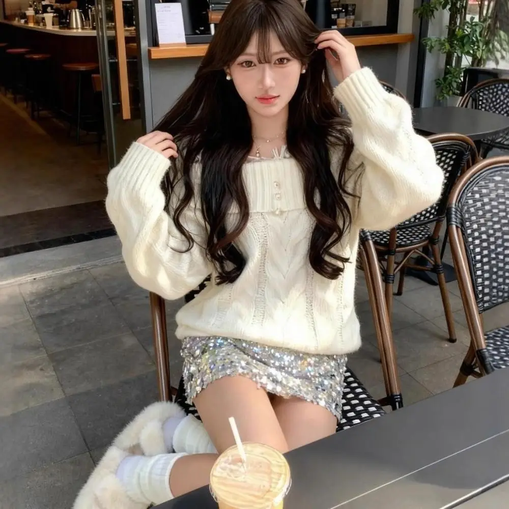 Spitze Langarm Strickwaren Lose Pullover Off Schulter Pullover Top Bodenbildung Shirt Frühling Herbst Winter Gestrickte Top für Frauen