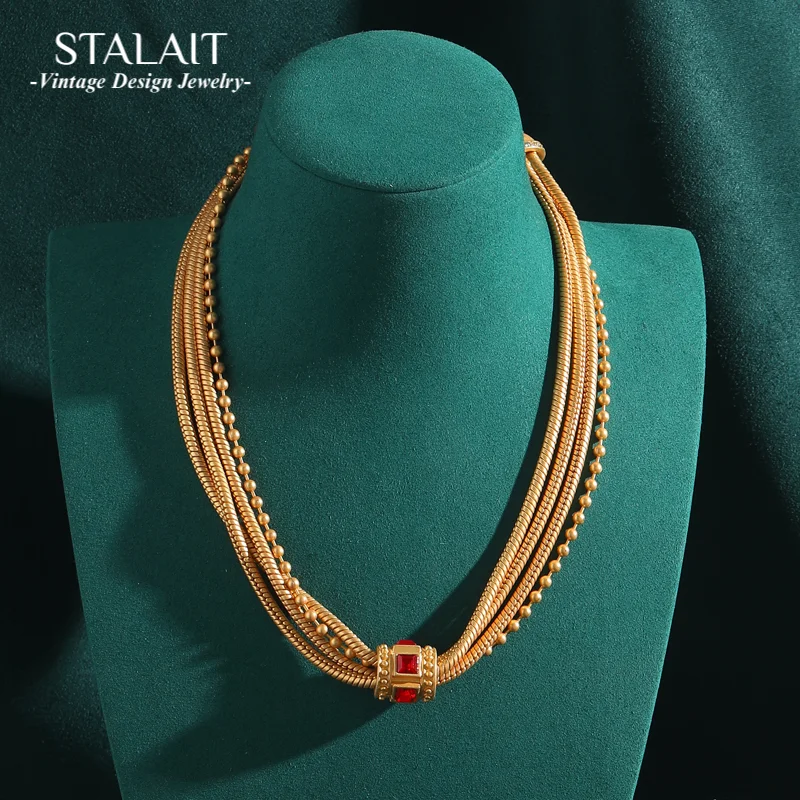 

Vintage Gothic Style Bead Chain Multi layer Necklaces for Woman Red Crystal Jewelry Zircon Gold Color Snake Bone Wedding Collar