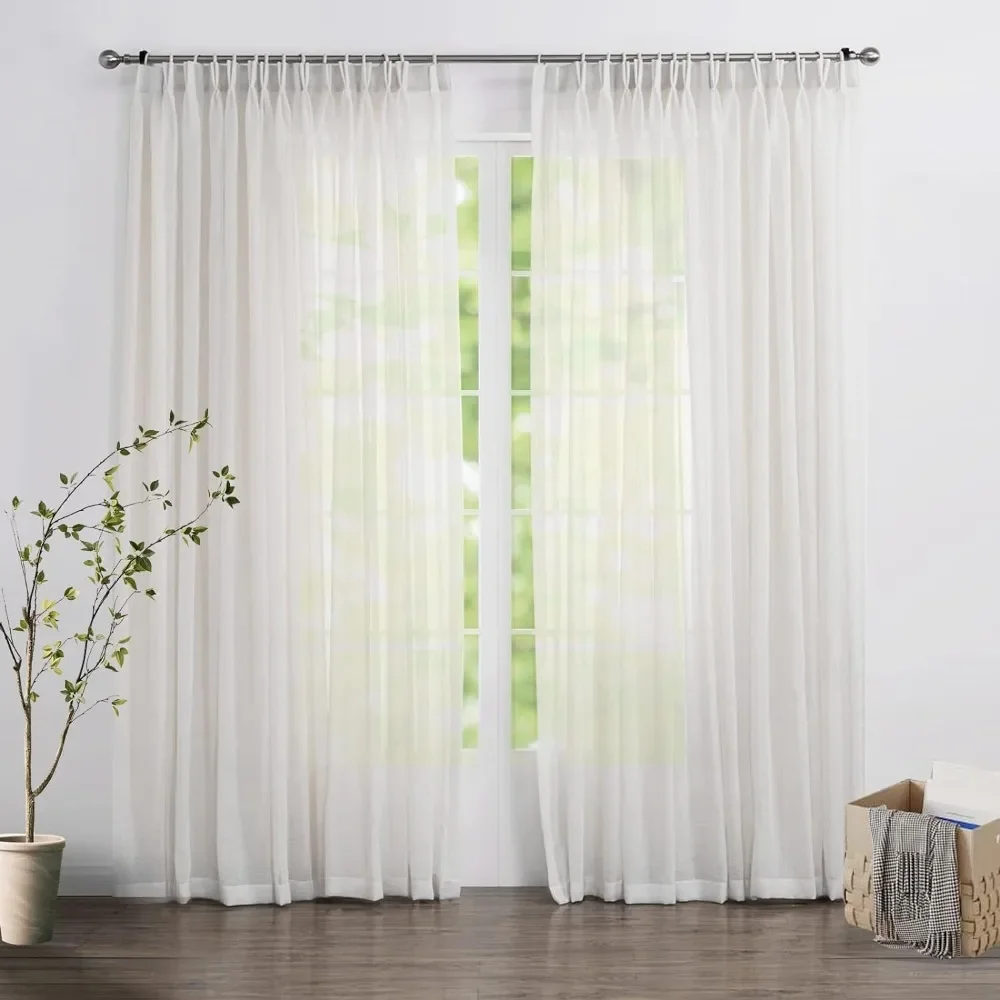 Sheer White Curtains 96 inches Long, Faux Linen Pinch Pleated Window Sheer Curtains Panels Drapery , 42