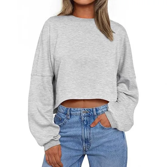 2025 New Long Sleeve Navel-Exposed Round Neck Sweatshirt Women's Short Sports Bottoming T-shirt Knitted Sweater Long Sleeve Top
