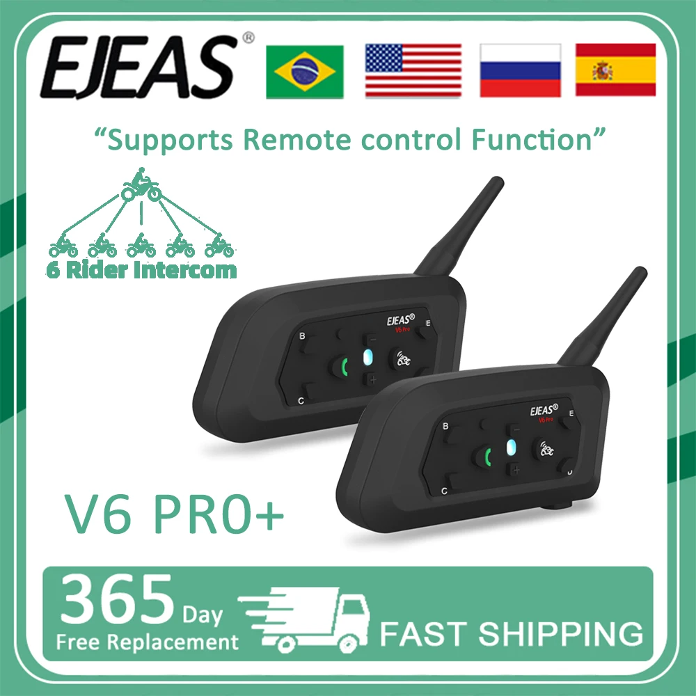 

EJEAS V6 PRO + Motorcycle Helmet Bluetooth Intercom Headset 6 Rider Distance 800 Meters with Remote Control Function Waterproof