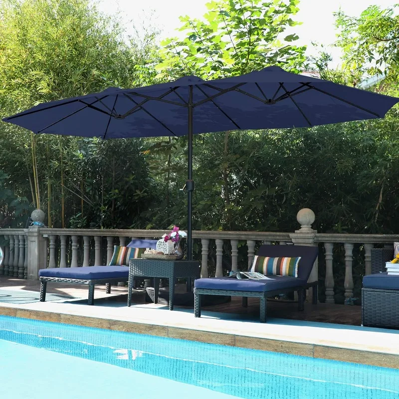 13 ft Outdoor Patio Umbrella, Large Rectangular Double Sided Market Table Twin Umbrellas with Crank Handle for Deck Pool