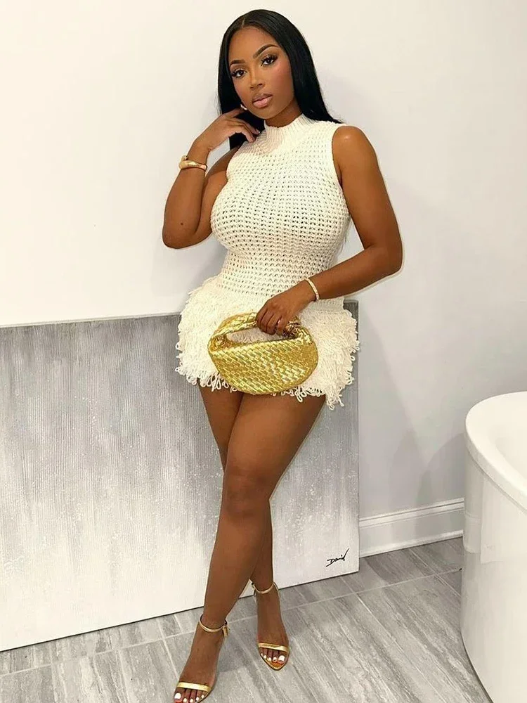 CPSYMYM 奇妙な猫かぎ針編みドレス女性のセクシーなシックな Y2K 夏トレンドタッセル裾ノースリーブストレッチファッションビーチ休暇クラブウェア