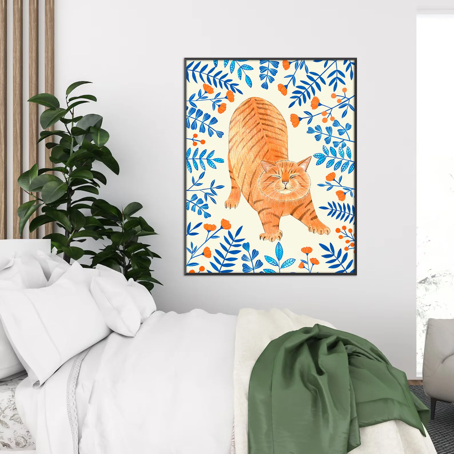Ingwer-Katzen-Wandkunst, Blumenkunstdruck, orangefarbene Katzengemälde, Kätzchen-Illustration, Tierkunstwerk, Kindergarten-Drucke, Blumen-Wanddekoration