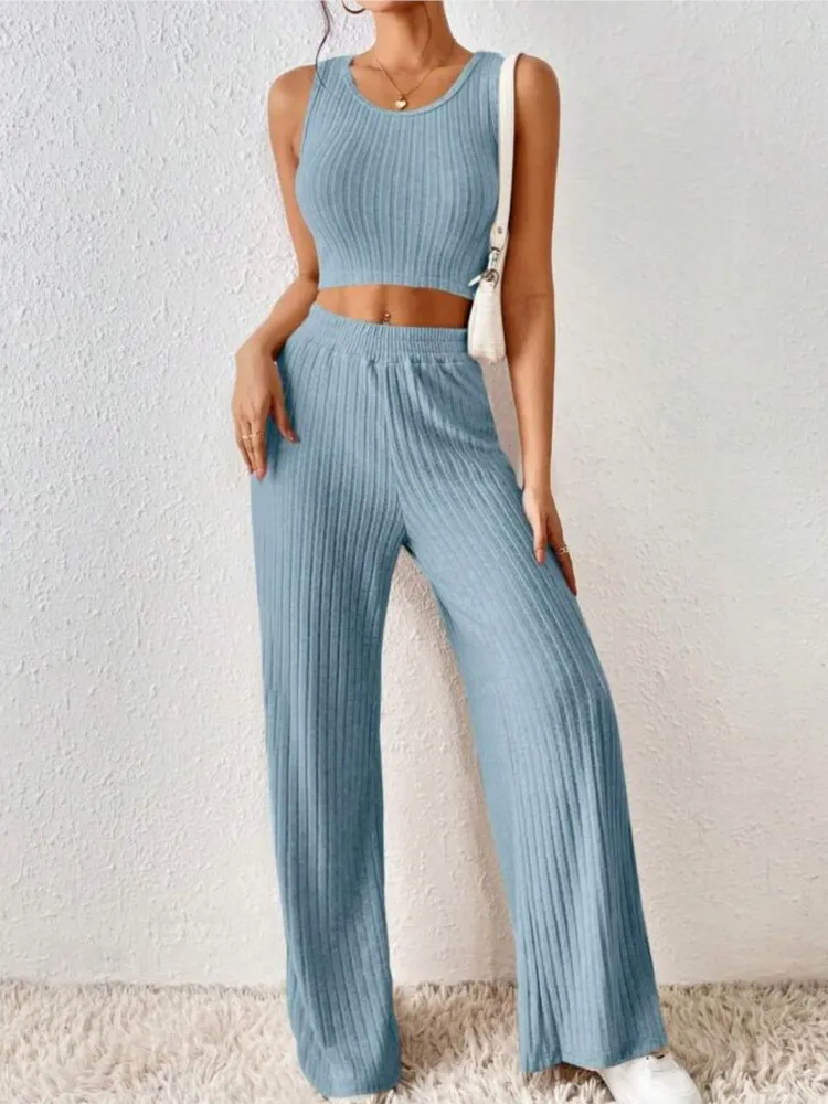 

Spring New Solid Color Fashion Knitted Slim 2 Piece Sets Casual Sleeveless Tank Top High Waist Pants Set For Women's Clothing