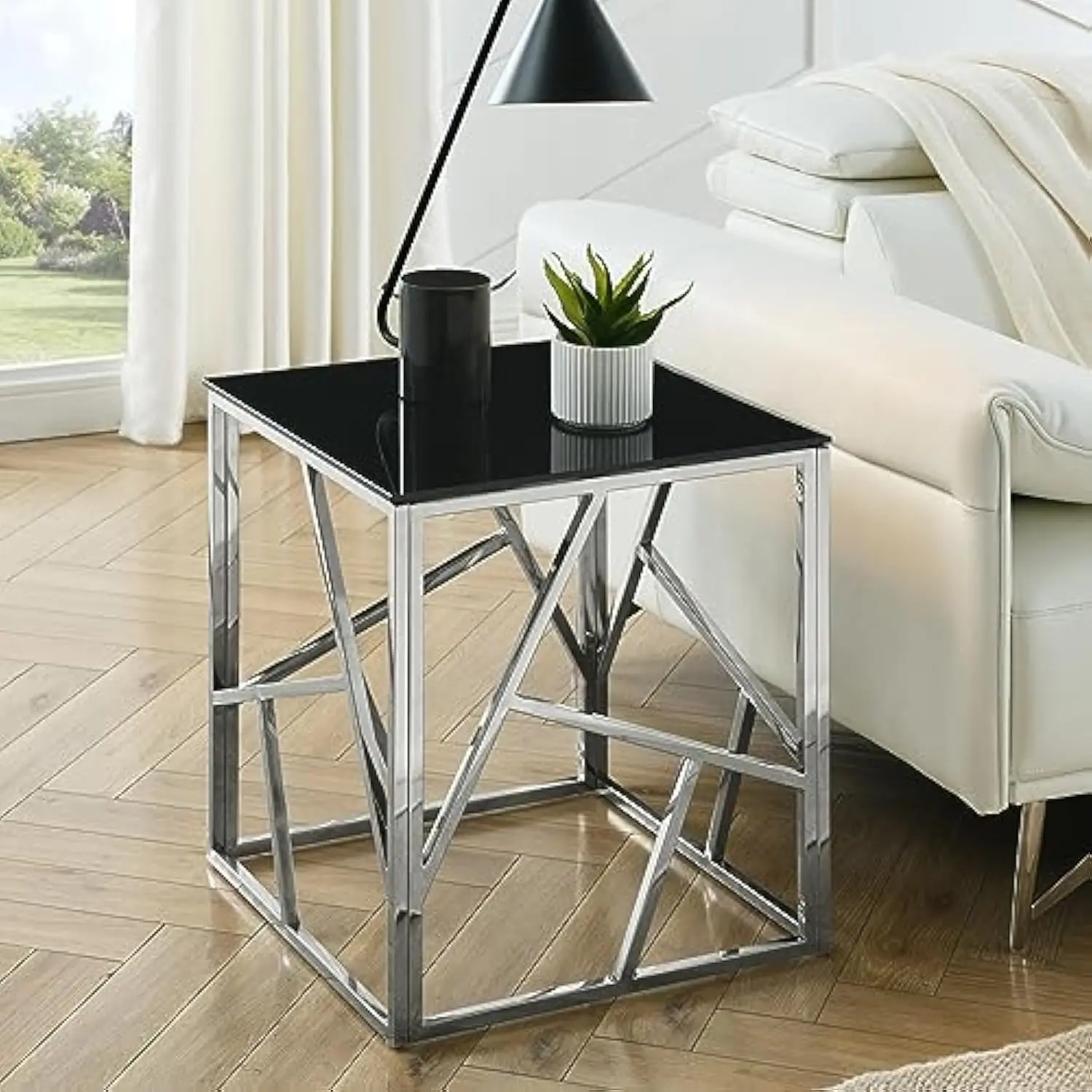 

Black Glass Side Table with Geometric Silver Stainless Steel Frame, 20 Inch Modern End Table Square with Tempered Glass Top Acc