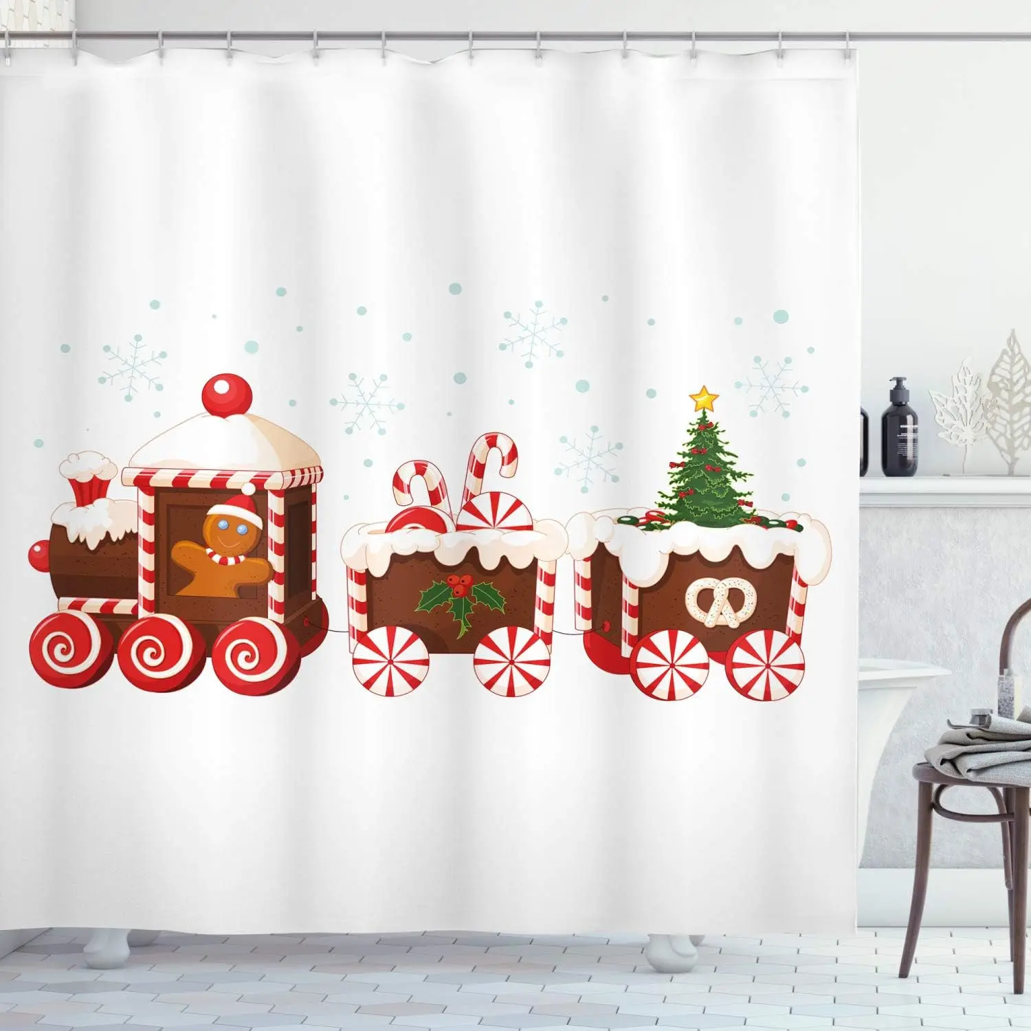 Christmas Shower Curtain, Train with Gingerbread Cream Candy Cartoon Toys Snowflakes Presents, Cloth Fabric Bathroom Decor