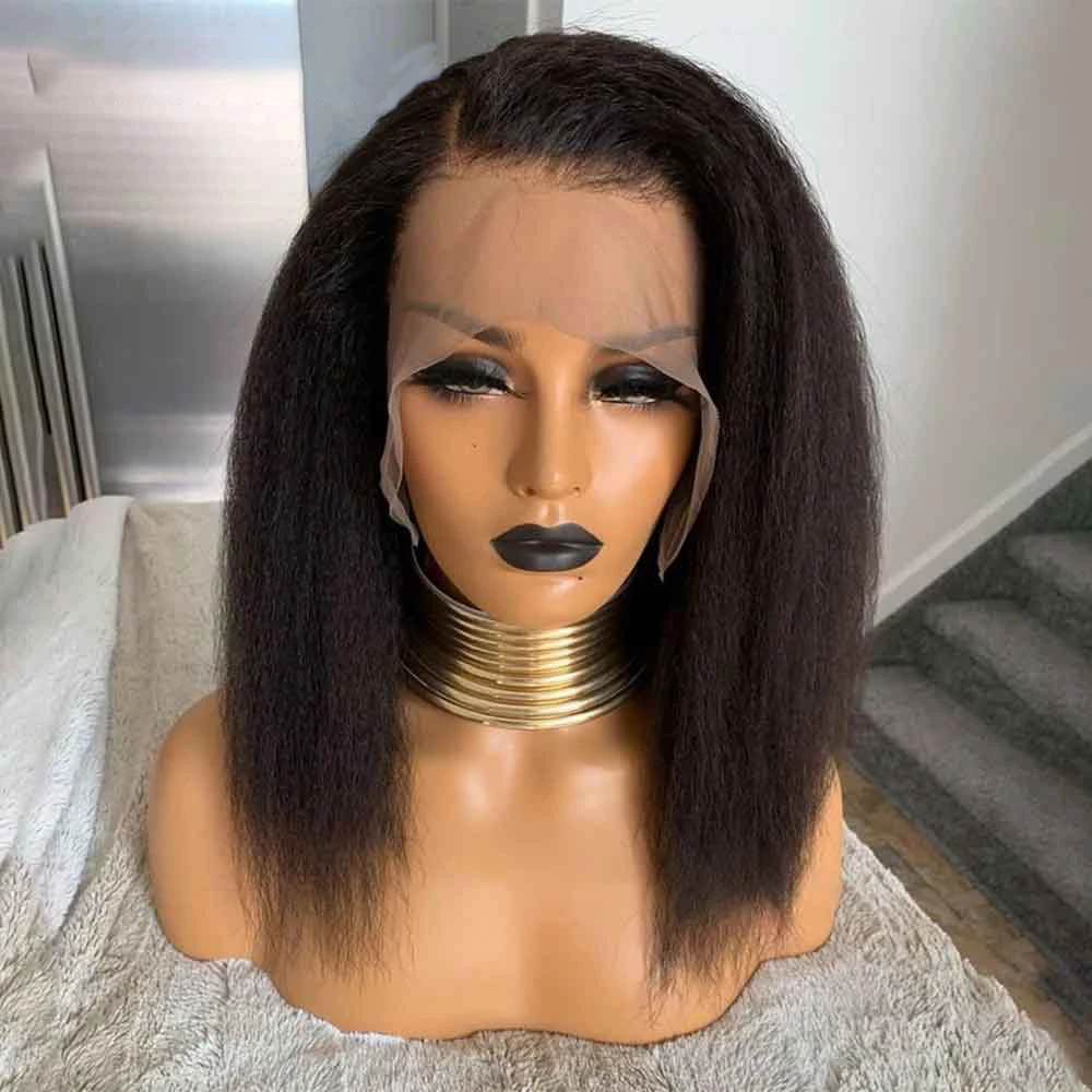 

Middle Part 180Density Preplucked Glueless Short Bob Yaki Kinky Straight Natural Black Lace Front Wig For Women BabyHair Daily