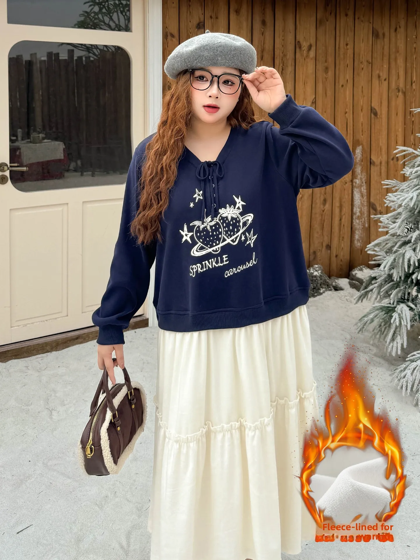 

plus Size Women's Sweet Cool Patchwork Dr Stbery Print round Ne Fce Long Skirt Fake Two-Piece Design High Waist A-...