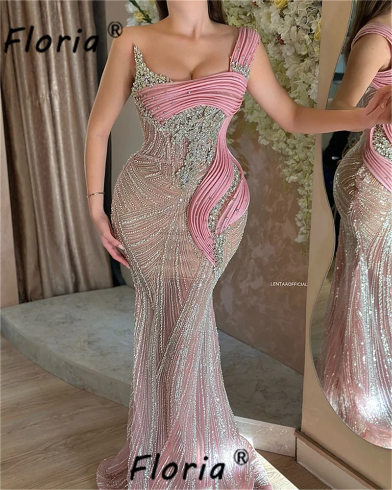 Luxe roze kraal zeemeermin galajurken Arabische vrouw kristal pailletten backless avondjurk vestido de noche aangepaste gewaden