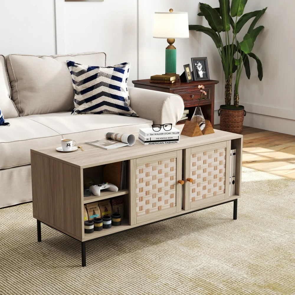 Elegante mesa de centro con diseño de tejido Veener con 4 puertas correderas, mesa rectangular central de madera con almacenamiento de diseño simétrico