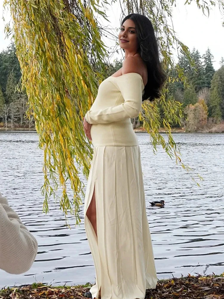 elegant-off-shoulder-long-sleeve-pleated-maternity-photoshoot-dress-cream-pregnancy-photo-gown-minimalist-outfit-baby-shower