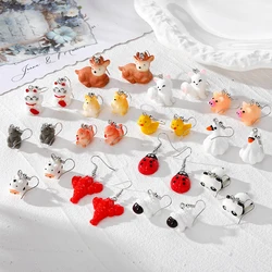 1pair Duck Fox Sheep Elk Animal Drop Earrings For Friend Cute Cartoon 3D Panda Cow Ladybird Lucky Cat Pendant Eardrops Jewelry