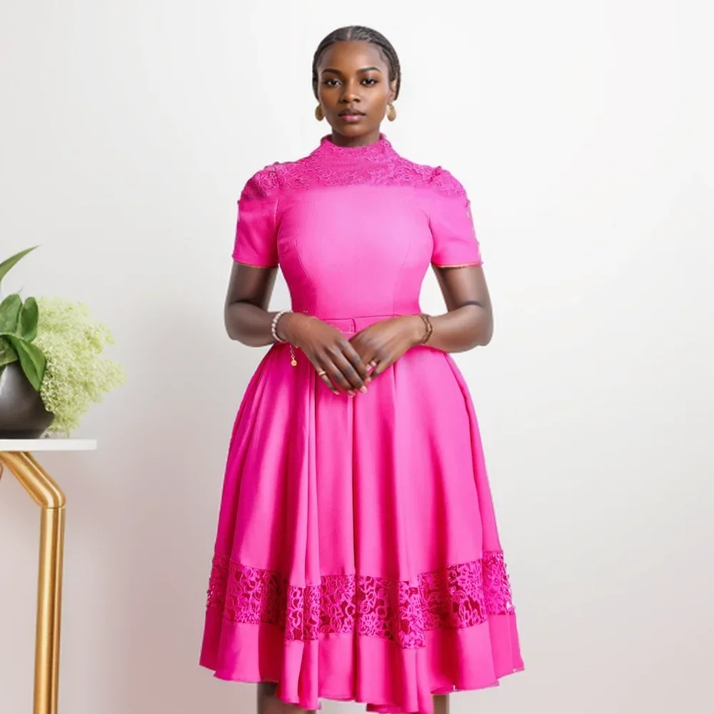 Summer Dress Fashion New Short Sleeves High Waist African Dress Half High Neck A-line Rose Red Slim Elegant Party Dresses 2024