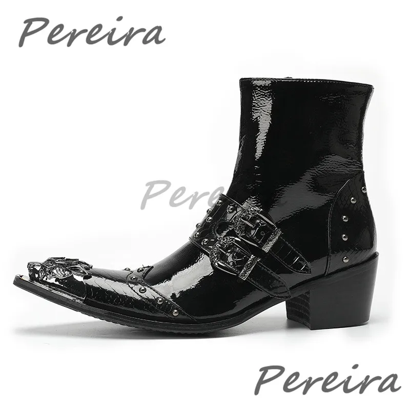 British Style Rivet Metal Buckle Chelsea Boots Pointed Toe Thick High Heel High Top Shoes Trendy Patent Leather Men Short Boots