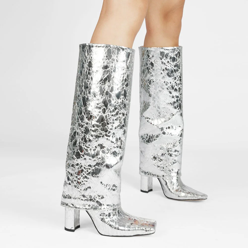 

Stone-Grained Silver High-Top Leather Boots Square-Toed Large Size Knee-High Botines Patent Leather Chunky-Heeled Trouser Botas