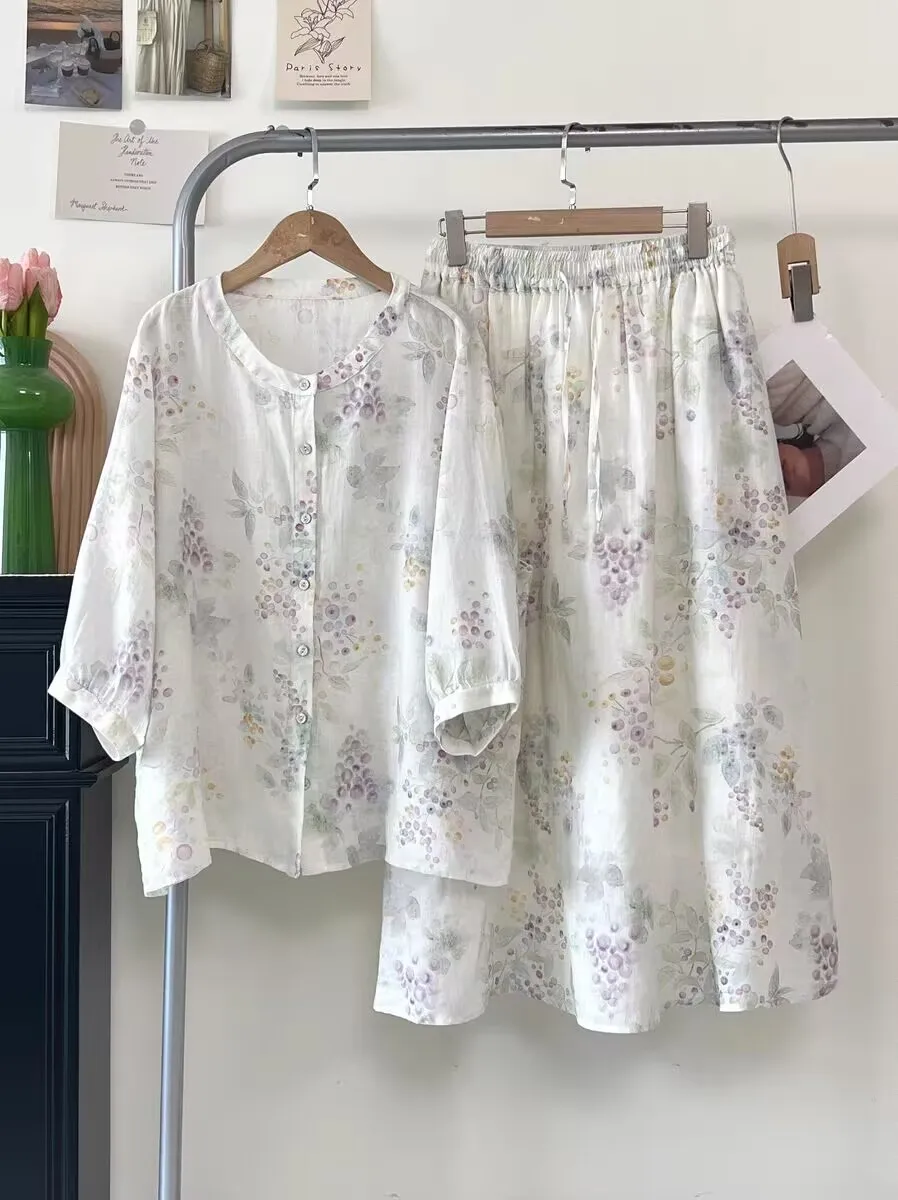 

Women's Summer Ramie Floral Print Sun Protection Shirt + Midi Skirt Two Pieces Set Loose Cotton Tops And Long Skirt Suit N845
