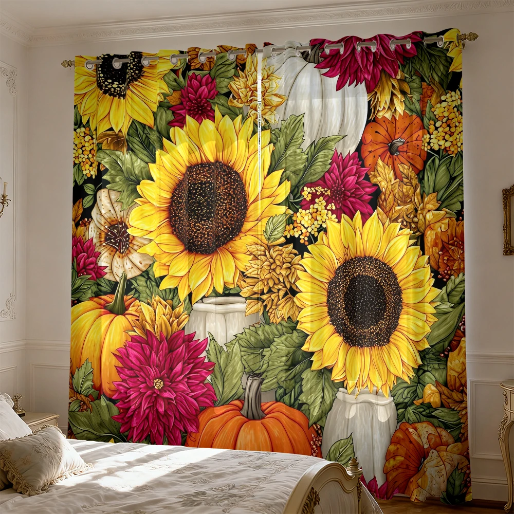 2pcs Autumn Sunflower and Pumpkin Floral Print Double Curtains Living Room and Bedroom, Perfect for Blocking Out Light