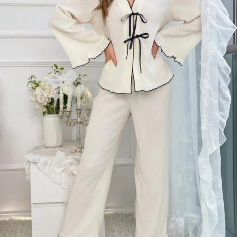 

2025 женские весенне-осенние пижамные комплекты с длинным рукавом и v-образным вырезом, топ и однотонные брюки с разрезом по бокам, комплекты одежды для сна из 2 предметов, женская одежда для сна