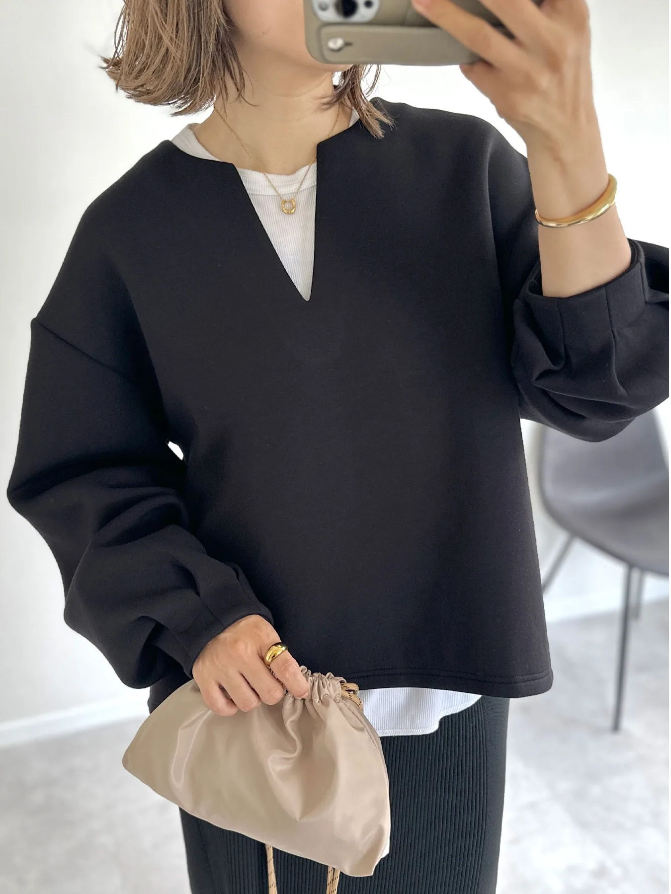 Loose Fit V-Ne Lantern Sve Sweatshirt Pure Kleur Herfst Winter Casual Veelzijdige Topjas voor Dames Street Sle