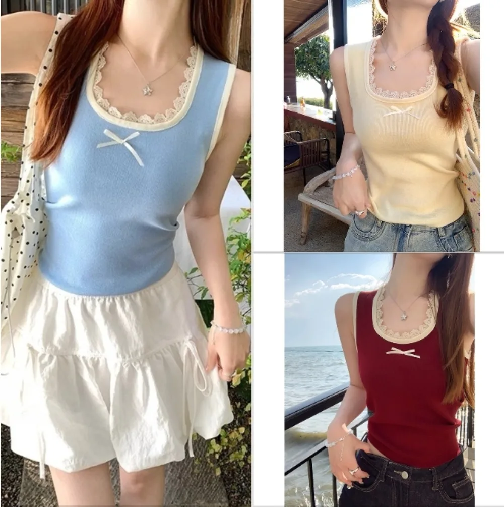 

Lace Patchwork Knitted Tank Top Women Casual Slim Sleeveless Vest Crop Top
