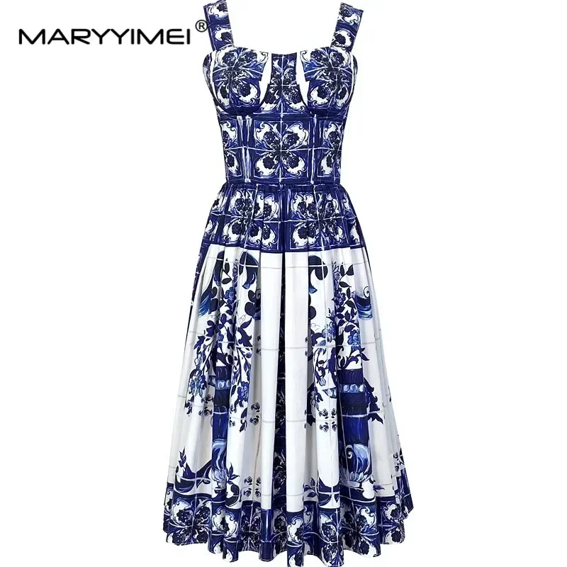 

MARYYIMEI Fashion Designer Summer Cotton Women's Spaghetti strap Dress Blue and white porcelain Print Cotton Dresses