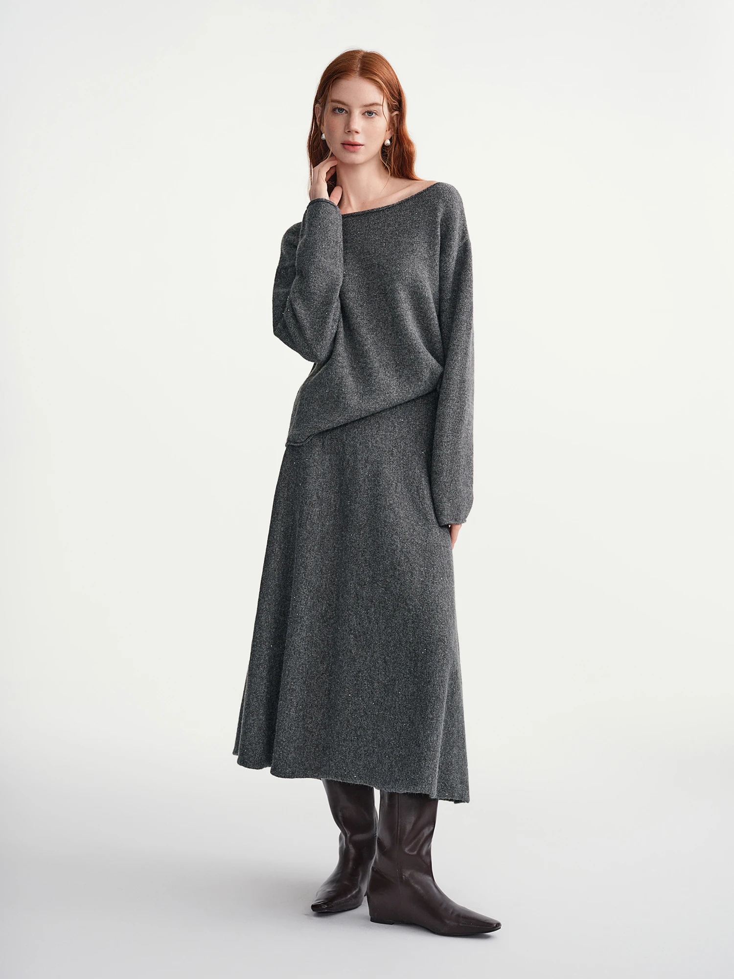 DUSHU التنانير مجموعات النساء رمادي مائل الرقبة سترة فضفاضة محبوك دعوى التنقل مكتب سيدة قطعتين الشتاء بسيط للجنسين Ins