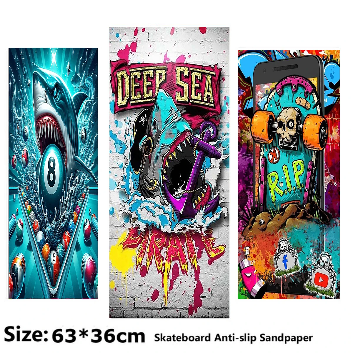 Shark Poster Skull Skateboard Pattern Electric Scooter Anti-slip Sticker Sandpaper Skateboard Grip Tape Sheet 63*36cm