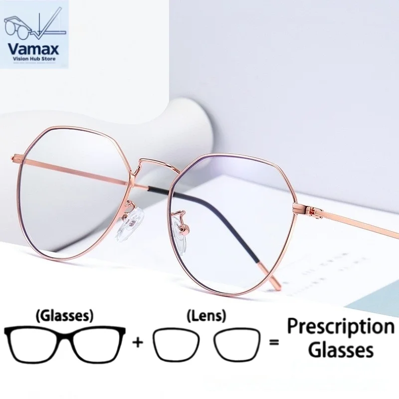 

VAMAX Retro Polygon Metal Prescription Eyeglass Square Progressive Optical Eyeglasses for Anti Blue Light/Photochromic